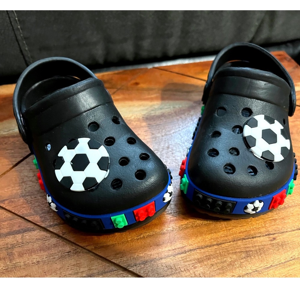 Kids‎ Clogs Shoes Black Colorful Blocks Soccer Ball Legos Fun Casual Size 5 Baby
